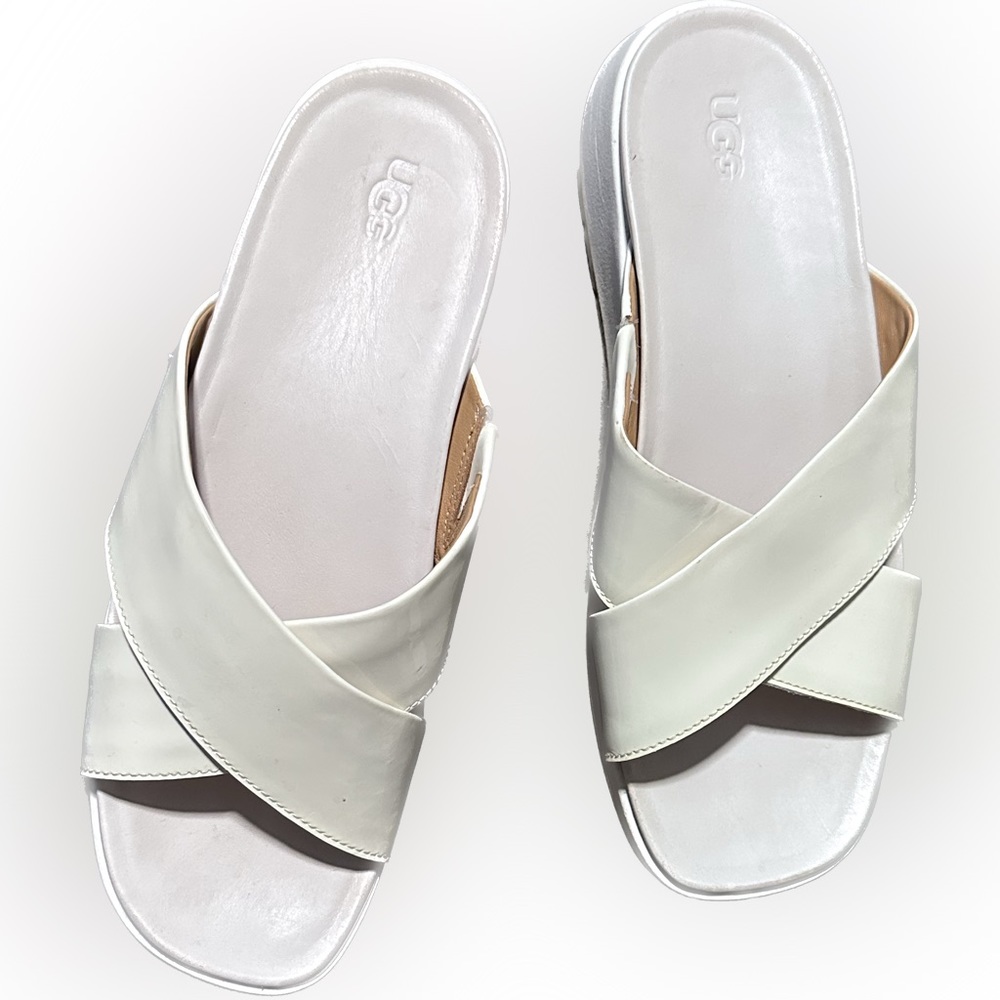 UGG white patent leather sandals. Size 9.